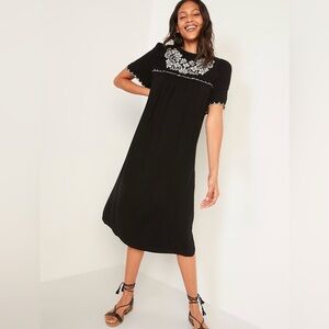 Old Navy Black Midi Dress with White Embroidery